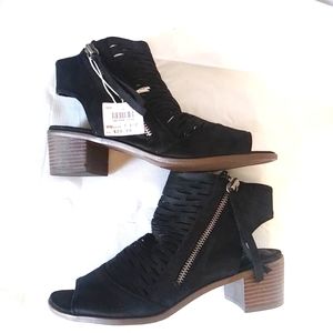 Black Peep-Toe Cutout Block Heel Booties